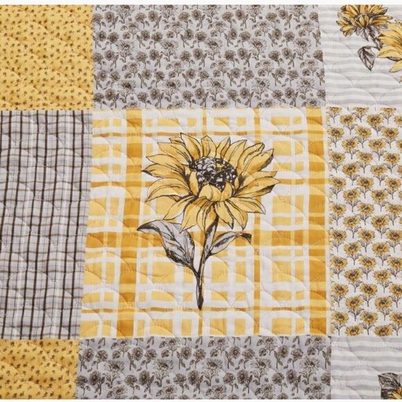 Farmhouse Sunflower Garden Patchwork QUEEN Printed Quilt Set Bonus Tote Bag - Picture 7 of 10